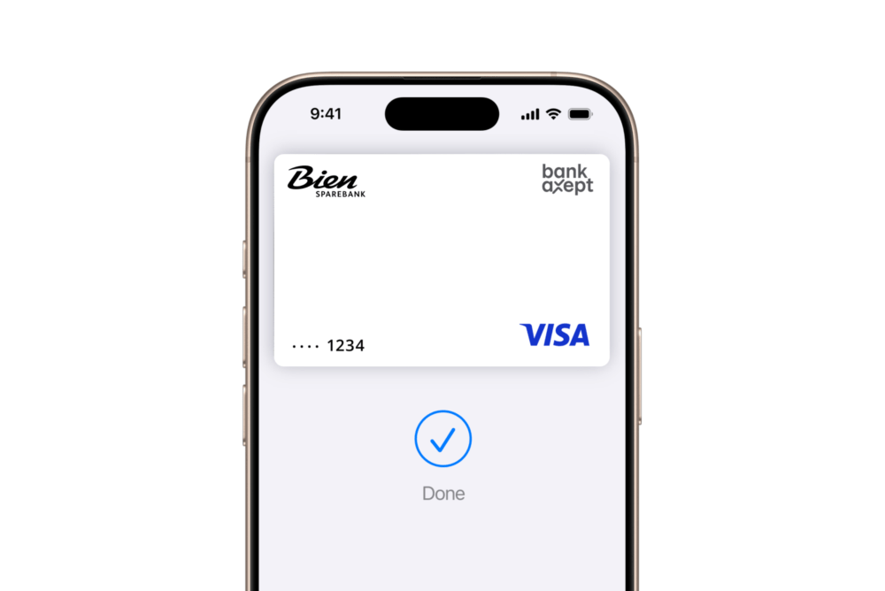 IPhone viser et digitalt betalingskort med bekreftelse 'Done'.